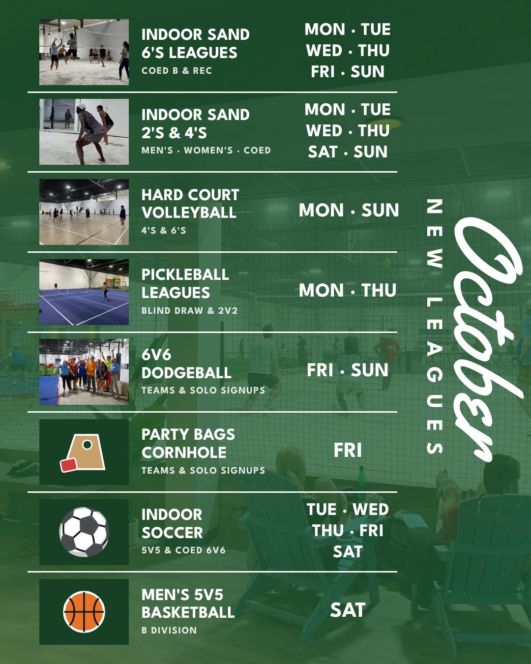 October new leagues at Players Sports Center — indoor sand 6s, 2s and 4s, hard court volleyball, pickleball, 6v6 dodgeball, cornhole, indoor soccer and men's basketball. Tap for the full league listing.
